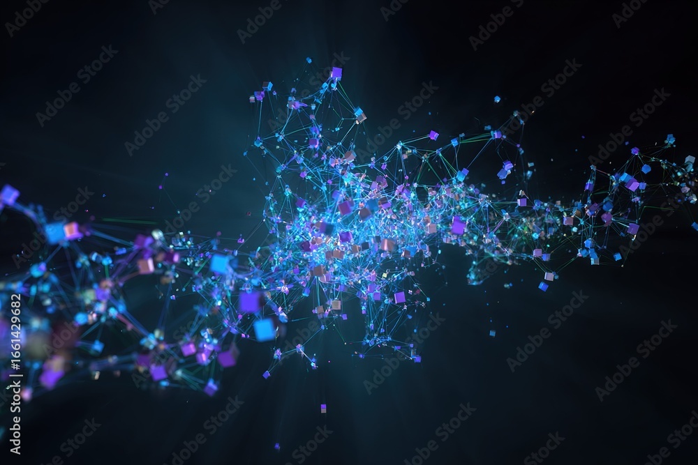 Poster colorful abstract representation of interconnected nodes and lines in a dark space conveying digital