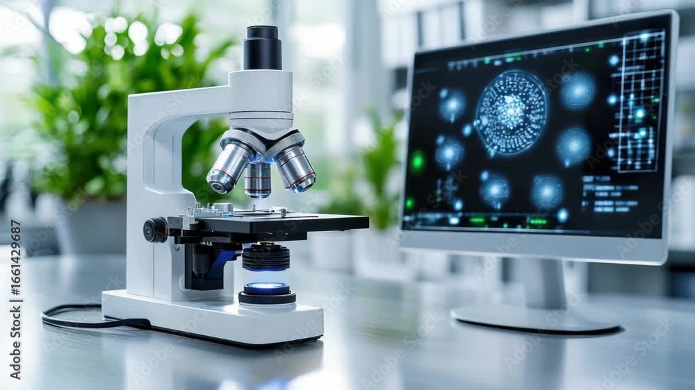 Poster laboratory microscope technology showcasing scientific research and cellular structures data