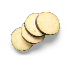 Slices of fresh ripe eggplant on white background