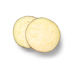 Slices of fresh ripe eggplant on white background