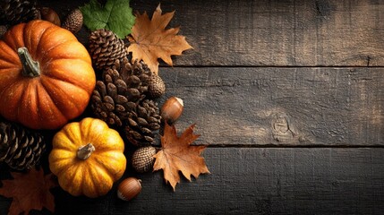 Autumnal display of pumpkins, pinecones, and leaves on a dark wooden surface.
