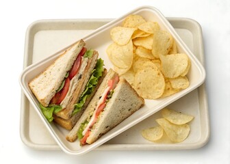 sandwich halves with chips on rectangular tray clean look