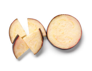 Slices of fresh ripe eggplant on white background