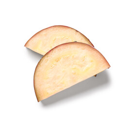 Slices of fresh ripe eggplant on white background