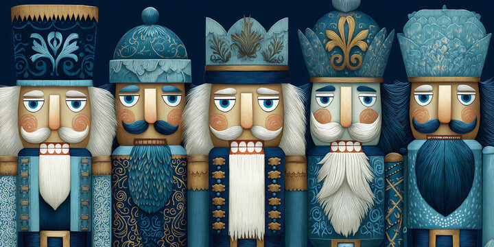collection of ornate blue teal nutcracker figurines, gold accents, white beards, elaborate crowns, military uniforms, traditional Christmas wooden folk art.