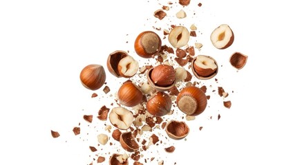 Dynamic Burst of Cracked and Whole Hazelnuts Isolated on White