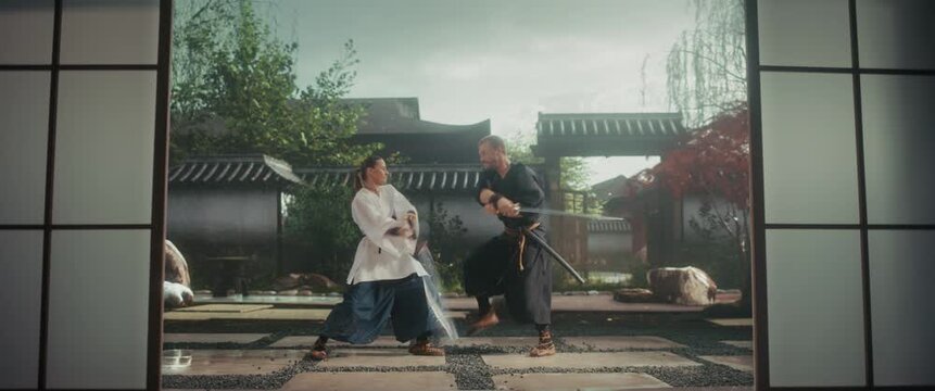 Traditional Japanese Samurai Duel Between a Male and Female Warrior on an Old Street, Filmed in Cinematic Style. Fighters Exchange Katana Strikes Under the Warm Glow of Afternoon Light. Zoom In Shot