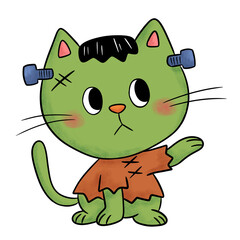 A green cartoon cat with bolts in its head dressed like green zombie monster, perfect for spooky or kids’ Halloween art, design element.
