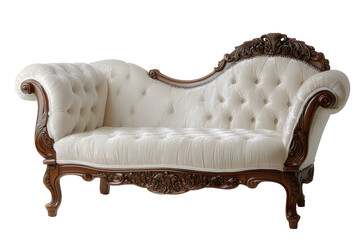 White tufted velvet rococo baroque chaise lounge, ornate carved dark wood mahogany frame isolated on transparent background. 