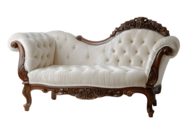 White tufted velvet rococo baroque chaise lounge, ornate carved dark wood mahogany frame isolated on transparent background. 