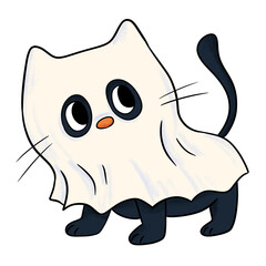 Cartoon black cat covered in a white sheet ghost costume with big eyes, ideal for Halloween decorations or kids' content.