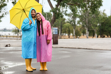 Young couple in raincoats with umbrella outdoors