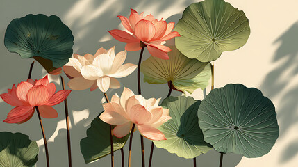 Obraz premium Pink and White Lotus Flowers with Green Leaves in Soft Light