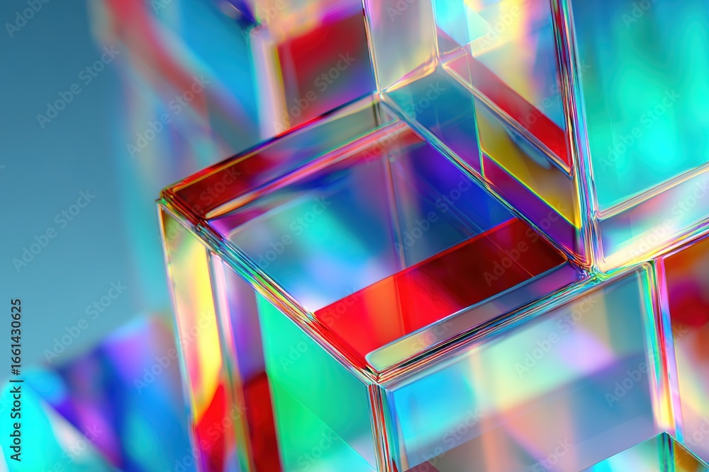 Poster colorful glass blocks create a vibrant abstract pattern under soft lighting showcasing reflections a
