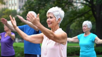 A group of older women practice stretching exercises in a park on a sunny morning. They enjoy the benefits of fitness and social engagement in a lively outdoor setting