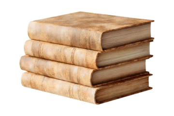 A stack of old weathered books against a transparent backdrop evokes nostalgia