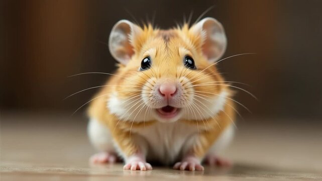 A hamster sits on a wooden floor, a small pet enjoying its surroundings