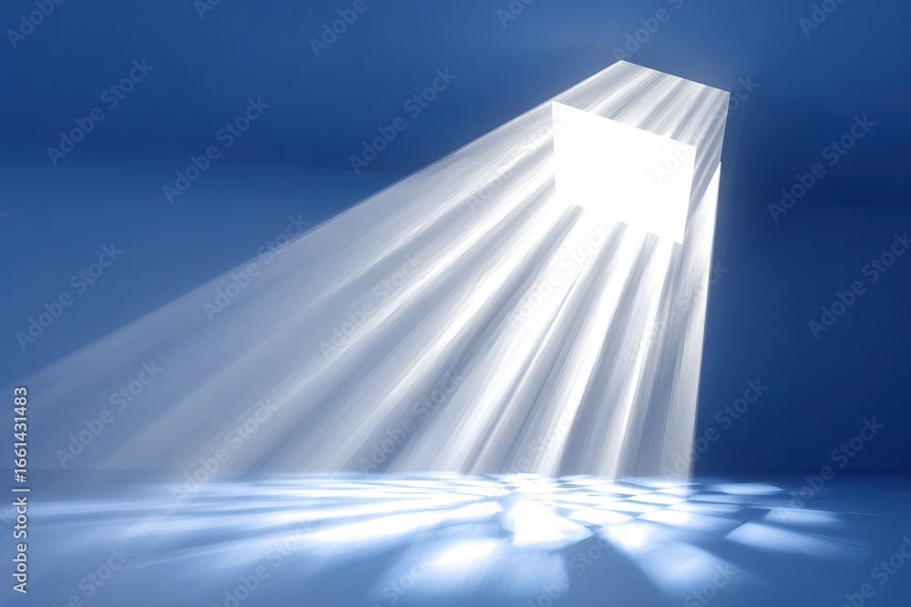 Poster light beams shine through an open cube, creating patterns on a blue backdrop in a serene atmosphere
