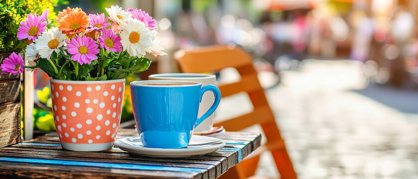 Vibrant flowers and coffee cups on a sunny cafe table