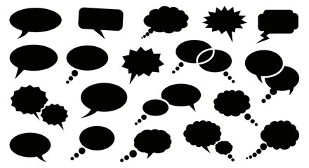 Diverse collection of black speech bubbles and thought clouds on a white background for communication concepts
