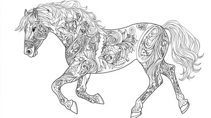 Highly detailed zentangle style illustration of a horse running with a flowing mane, perfect for coloring books or artistic projects