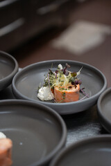 Dish of smoked salmon prepared in professional kitchen by chef. well placed on grey plate in kitchen environment. greens on top. Vertical format.