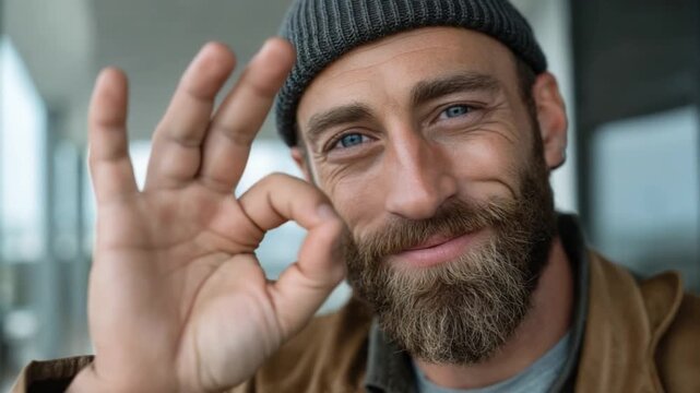 Okay gesture expressing approval: A man shows an approving gesture with his hand, a sign of positivity and satisfaction, embodying the essence of okay in a natural pose.