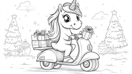 Adorable unicorn driving a moped with a gift box on the back, surrounded by stars, perfect for coloring books or children's activities, promoting creativity and imagination