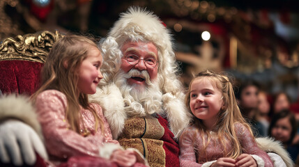 Children sitting on Santa's lap at a Christmas event, crowd and decor in the background.