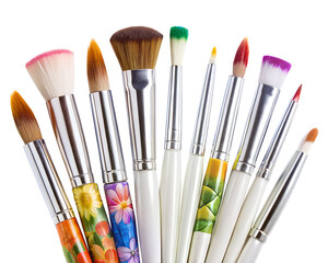 Fototapeta premium A collection of colorful makeup brushes for applying cosmetics, isolated on transparent background