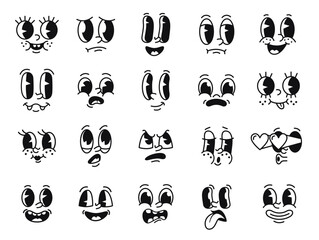 Cartoon face with facial expressions, cute emoji faces, comic character reaction, emotions icons, funny eyes and mouth elements for animation, stickers. Vector vintage mascot isolated set