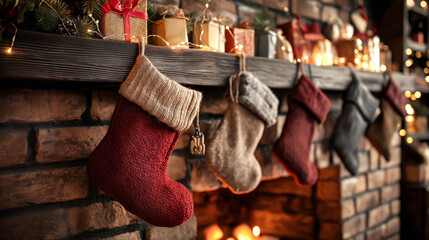 Christmas stocking hanging on a rustic brick fireplace, warm and cozy setup.