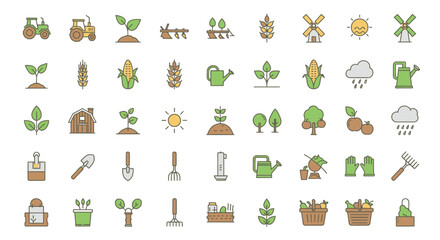 A collection of colorful, illustrated icons depicting various elements of agriculture and farming. © Muflif