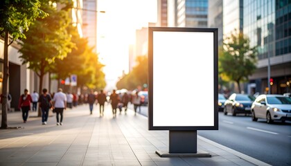 Blank billboard on city street at sunset with mockup advertisement template.