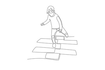 Male students playing jumping during break. Recess concept one-line drawing