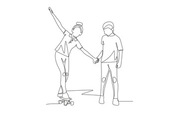 Students play skateboard during break. Recess concept one-line drawing