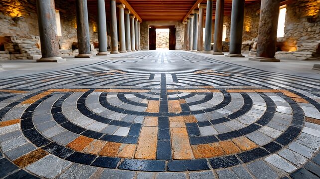 Mosaic floor with labyrinth design in basilica of saint reparatus, orleansville, algeria