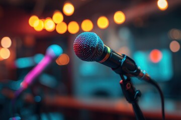 Covid Concert. Vocal Microphones and Colourful Stage Lights Bring Live Music Performance at Club Post-Pandemic