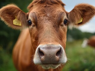 Cow With Ear Tag. Close up Portrait of Brown Dairy Cattle in Green Field