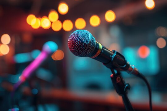Covid Concert. Vocal Microphones and Colourful Stage Lights Bring Live Music Performance at Club Post-Pandemic