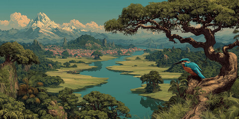 Traditional Japanese Landscape with Serene River, Majestic Mountains, and Colorful Kingfisher Bird