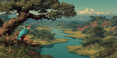 Scenic View of Japanese Mountains and River from the Pass with a Beautiful Kingfisher in Nature