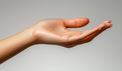 Female hand with open palm reaching out in gesture of help and support, isolated on neutral grey background for compassionate and humanitarian concepts