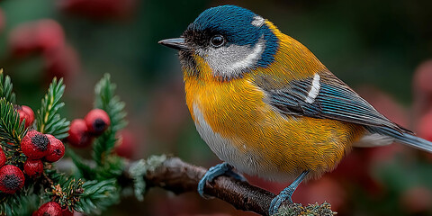 Charming Yellow-Bellied Tit Resting Peacefully Amid Lush Green Foliage / A Small Bird Resting Quietly on a Branch with Its Wings Relaxed