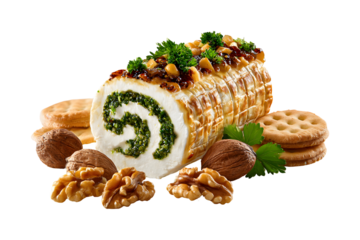 Delicious savory roulade with spinach filling, walnuts, and crackers on transparent background