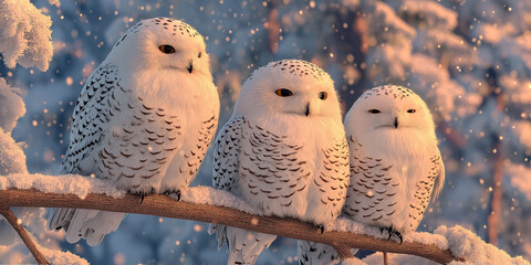 White Owls Cuddling Side by Side for Warmth in the Falling Snow / The Graceful Beauty of a Colorful Wild Bird in Nature