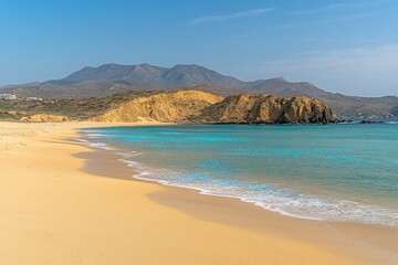 Obraz premium Beach landscape, golden sand and blue water, with mountains in the background, suitable for travel and vacation scenes