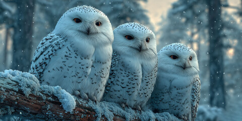 Two Snowy Owls Nestled Closely Together to Endure the Winter Snowfall / The Graceful Beauty of a Colorful Wild Bird in Nature