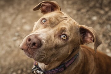 Dog Head Tilt. Alert and Expressive Pit Bull Terrier Listening Outdoors