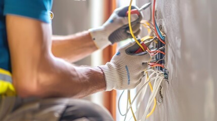 "Electrician Installing Smart Home Wiring Inside Wall"